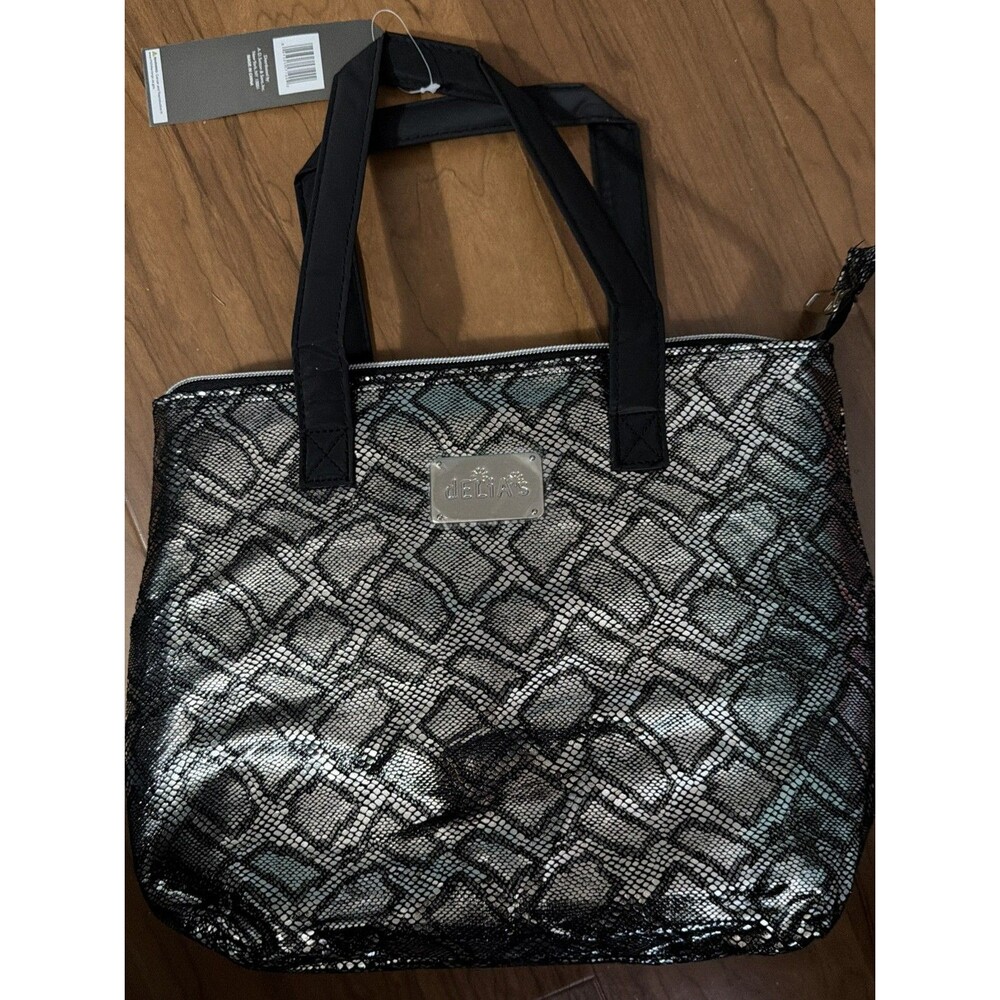 Delia’s black and silver faux snakeskin metallic vinyl zip lunch tote/ handbag
